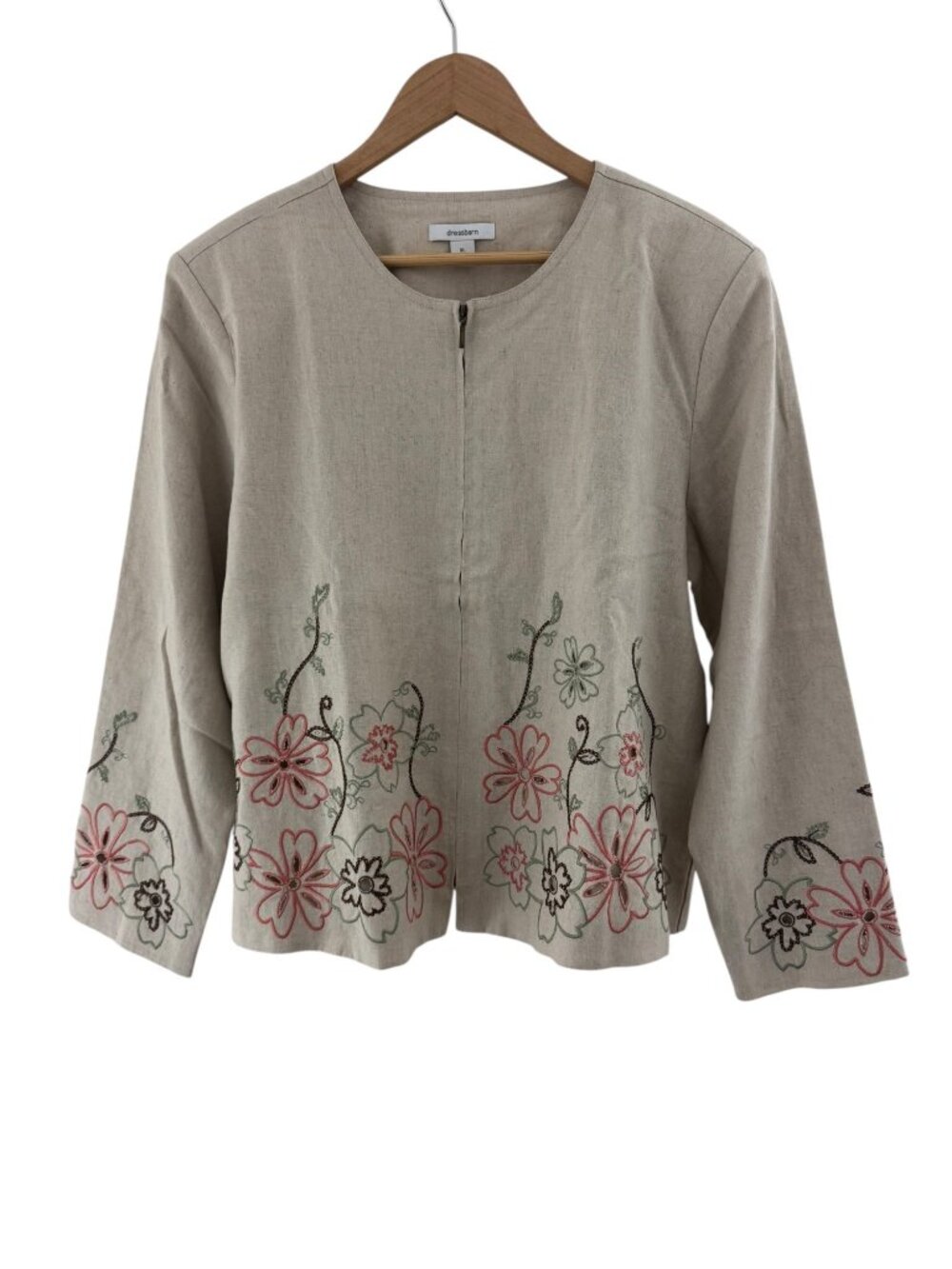 Dressbarn Beige Tan Lined Linen-Blend Embroidered Floral Jacket Zip Sz XL Blazer